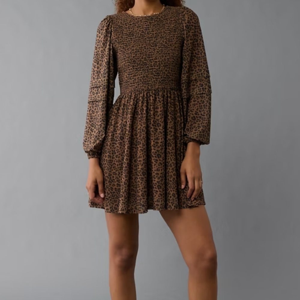 American Eagle Leopard Print Long Sleeve Dress